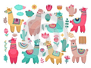 Llama with cactus. Cute alpaca, baby llamas flower and art floral objects. Isolated wild animal kid stickers, cuteness