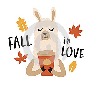 Llama Drinking Pumpkin Spice Latte Coffee in Fall