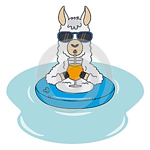 Llama with float, sunglasses and a drink photo