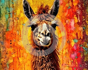 llama form and spirit through an abstract lens. dynamic and expressive llama print by using bold brushstrokes, Cute Lama