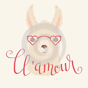 Llama in heart shaped glasses vector illustration