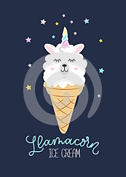 Llama ice cream cute card with cartoon doodles. Llama summer mot