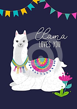 Llama loves you inspirational inscription with hand drawn llama and doodles. Cute vector alpaca illustration for greeting cards,