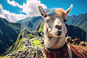 Llama in Machu Picchu, Peru, South America, Lama And Machu Picchu, AI Generated