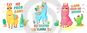 Llama poster. No drama llama and no prob llama vector illustration set