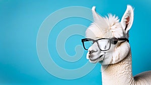 llama with reading glasses against blue background. banner with copy space, flyer, cover, calendar. advertising for