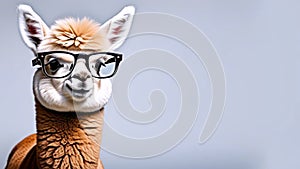 llama with reading glasses against grey background. banner with copy space, flyer, cover, calendar. advertising for