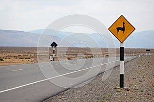 Llama road sign in Peru, Andes, South America