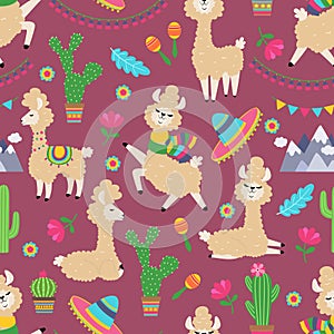 Llama seamless pattern. Alpaca baby and cactus girly textile texture. Lama tribal concept