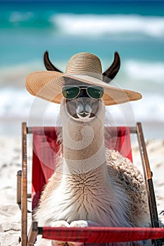 Llama in sunglasses and hat sunbathing on beach vacation enjoyment concept with text space