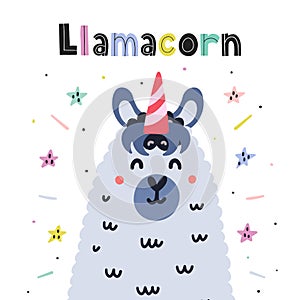 Llamacorn cute card. Funny print with llama - unicorn photo
