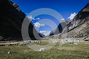 .Llamacorral camp with snowy mountains in the background in the quebrada santa cruz