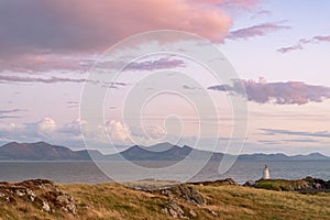 The Llanddwyn island lighthouse, Goleudy Twr Bach at Ynys Llanddwyn on Anglesey, North Wales