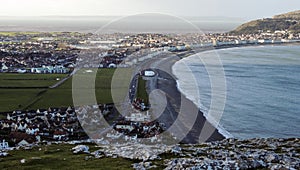 Llandudno town panorama with seashore and beach and part of Great Orme showing