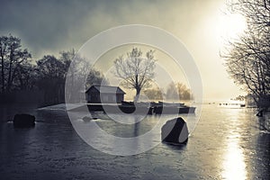 Llangorse Lake in Wales on a cold frosty morning.