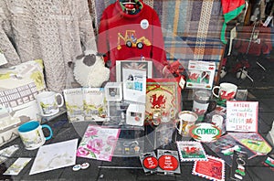 Llanidloes, Wales / UK - July 26th 2019 - Welsh giftshop window of Curig Crafts & Woollens in Llanidloes, mid Wales