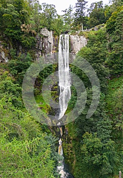 Llanrhaeadr-ym-Mochnant, Pistyll Rhaeadr Waterfall in North Wales, Oswestry, Powys, Wales.