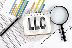 LLC Limited Liability Company text on notebook on the graph background with pen and magnifier