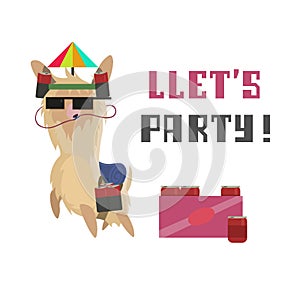 Llet`s party card with cartoon llama and drinks. Modern llama il