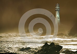 Lighthouse in the mist on peaceful sea