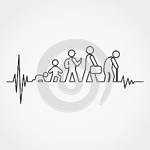 Lline of the pulse with man lifecycle from birth to old age in silhouettes.