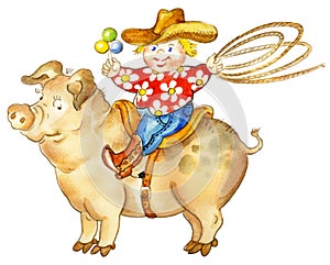 Llittle cowboy riding pig