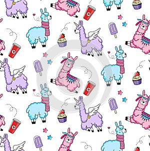 Lllama seamless pattern with cute llamas and doodles. Alpaca design for textile, prints etc.