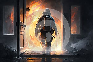 lllustration of firefighter running into a burning building - Generative AI