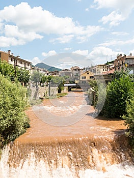 Llobregat river, as it passes through the town of La Pobla de Lillet, Catalonia, Spain