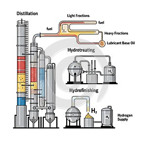 Llustrating a refining process: Distillation, Hydrotreating, and