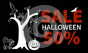 Llustration banner sale halloween with tree, raven, black cat, bat and pumpkin for advertising or decoration