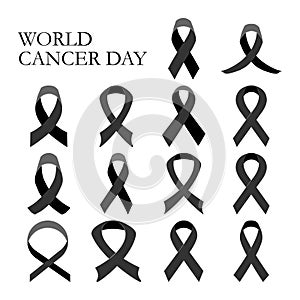 llustration of Black Awareness Ribbon. Collection of cancer ribbons. World cancer day. Awareness ribbon icons. Isolated on white