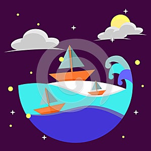 llustration of Boat on the sea, night, stars, moon and clouds