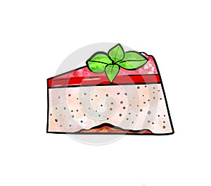 llustration of a colored drawing of sweets: a piece of cake mousse with layer of beige, top layer of strawberry red