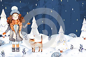 Llustration with a cute girl in a wool coat,scarf,hat and her little friend-cute kitten