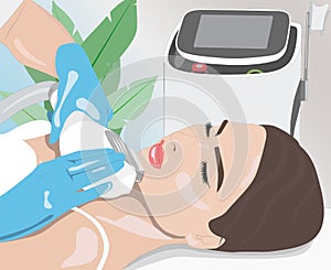Llustration. Epilation hair removal procedure on a woman’s face. Beautician doing laser rejuvenation in a beauty salon.