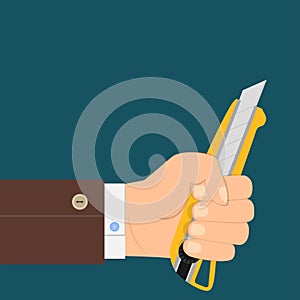 Llustration of a hand holding office paper cutter, hand holding a knife, flat design.