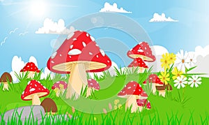 Llustration of red mushroom with grass and flower