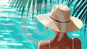 llustration of a woman in a hat looking at the pool and going to relax on her summer vacation.