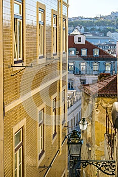LNarrow streets of the castle district in Lisbon, Portugal