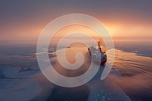 An LNG carrier plows through the Arctic ice, its passage illuminated by a soft sunset glow, AI Generated.