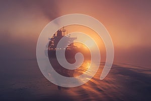 An LNG carrier voyages through calm waters at dawn, with the sun rising behind it, AI Generated.