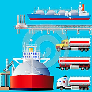 LNG terminal, tankers and trucks. Vector illustration