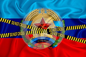 Lnr flag, the Don`t Cross the Line mark and the location tape. Crime concept, police investigation, quarantine. 3d rendering