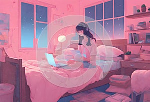 Lo-fi Anime Pink and Blue Color Tone Art of Long hair girl with Laptop on Bed, Bedroom Interior on Night