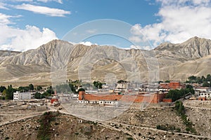 Lo Manthang Tibetan monastery in Upper Mustang trekking route surrounded by Himalaya mountains range, Nepal