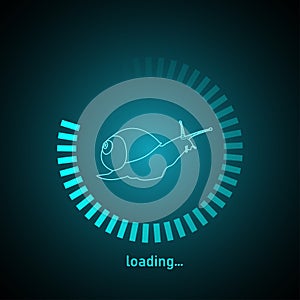 Glowing slow loading icon with a snail. Circle website buffer loader. Vector photo