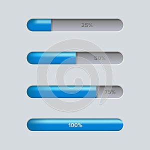 Blue loading progress bars from 25% to 100%