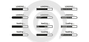 Load bar set. Loading download progress isolated black icons. Vector