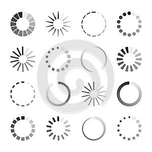 Load icons. Process of wait on digital screen. Bar of circular elements for loading. Buffering download. Progress in speed upload